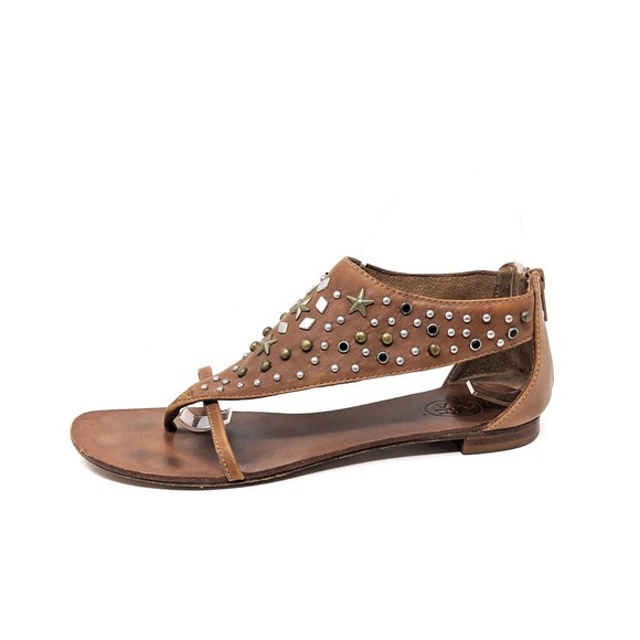 Ash Womens 8 Sandals Leather Studded Silver Gold Metallic Stars Cognac Zip 39 - Picture 1 of 9